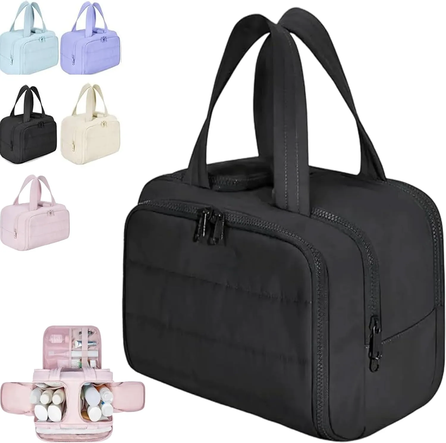 4-In-1 Puffy Multi-Functional Toiletry Bag, Travel Toiletry Bag For Women, Large-Capacity Travel Hanging Organizer for Toiletries & Beauty Essentials (Black)