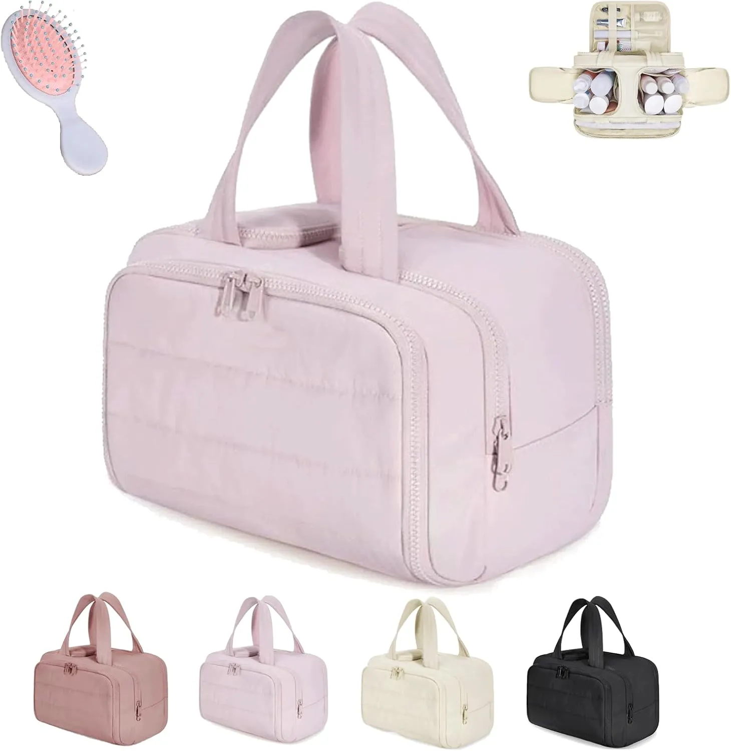 4-In-1 Puffy Multi-Functional Toiletry Bag, Travel Toiletry Bag for Women, Lightweight Cosmetic Makeup Organizer with Handle for Accessories Essentials (Pink)