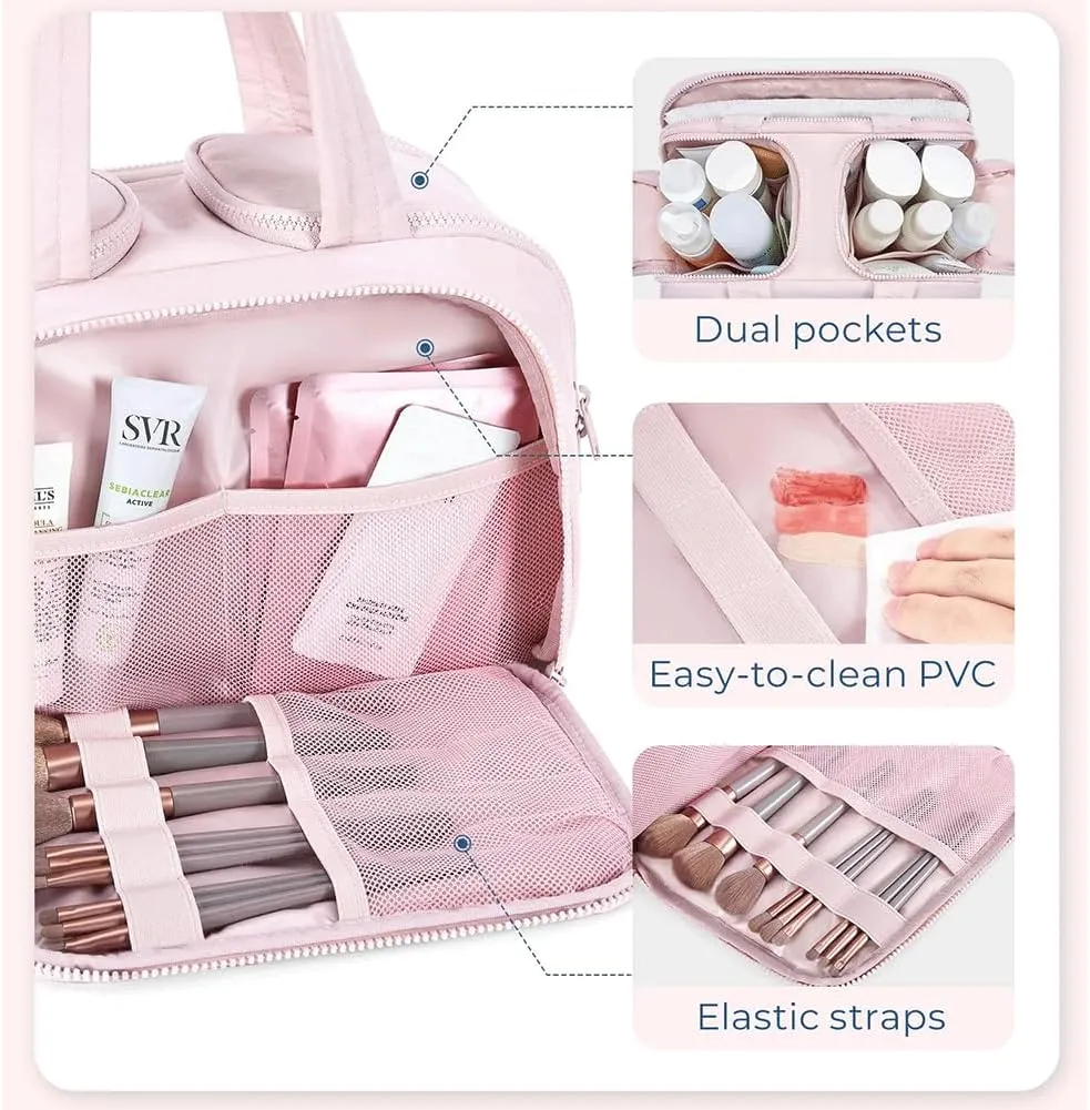 4-In-1 Puffy Multi-Functional Toiletry Bag, Travel Toiletry Bag for Women, Lightweight Cosmetic Makeup Organizer with Handle for Accessories Essentials (Pink)