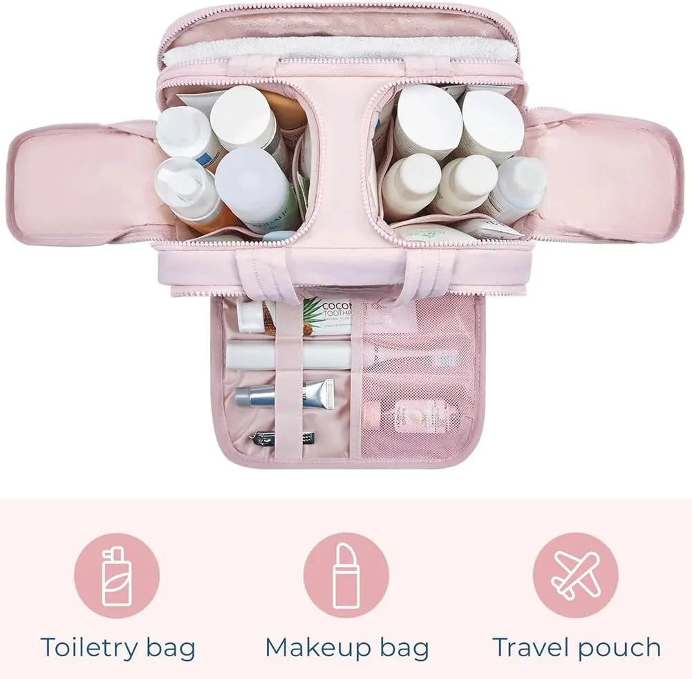 4-In-1 Puffy Multi-Functional Toiletry Bag, Travel Toiletry Bag for Women, Lightweight Cosmetic Makeup Organizer with Handle for Accessories Essentials (Pink)