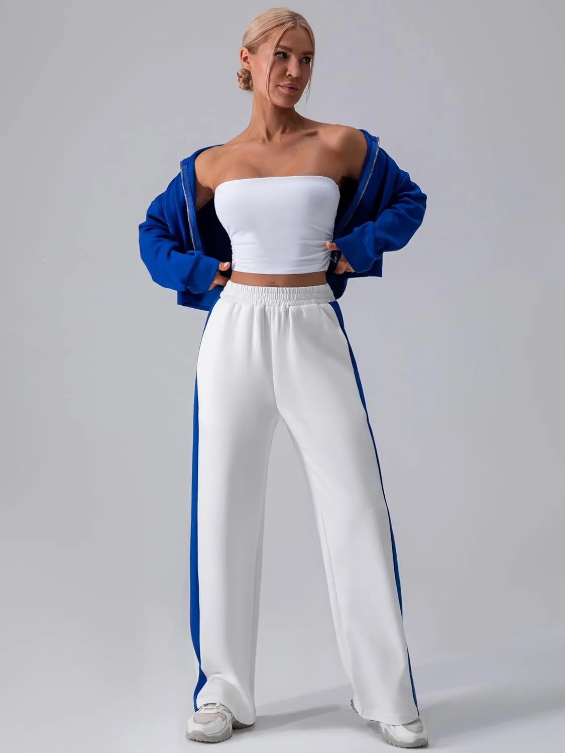 ABOCIW Women's Fleece Lined Wide Leg Sweatpants Elastic High Waisted Baggy Athletic Joggers Pants with Pockets