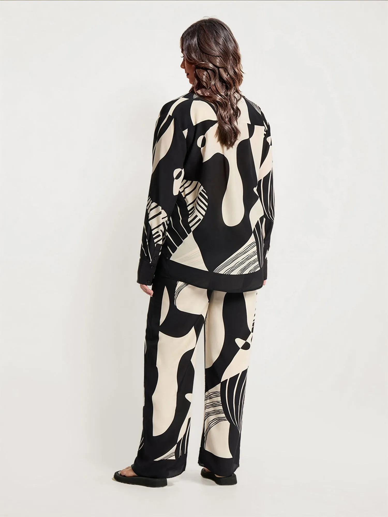 Abstract Black and White Print Button-Up Shirt