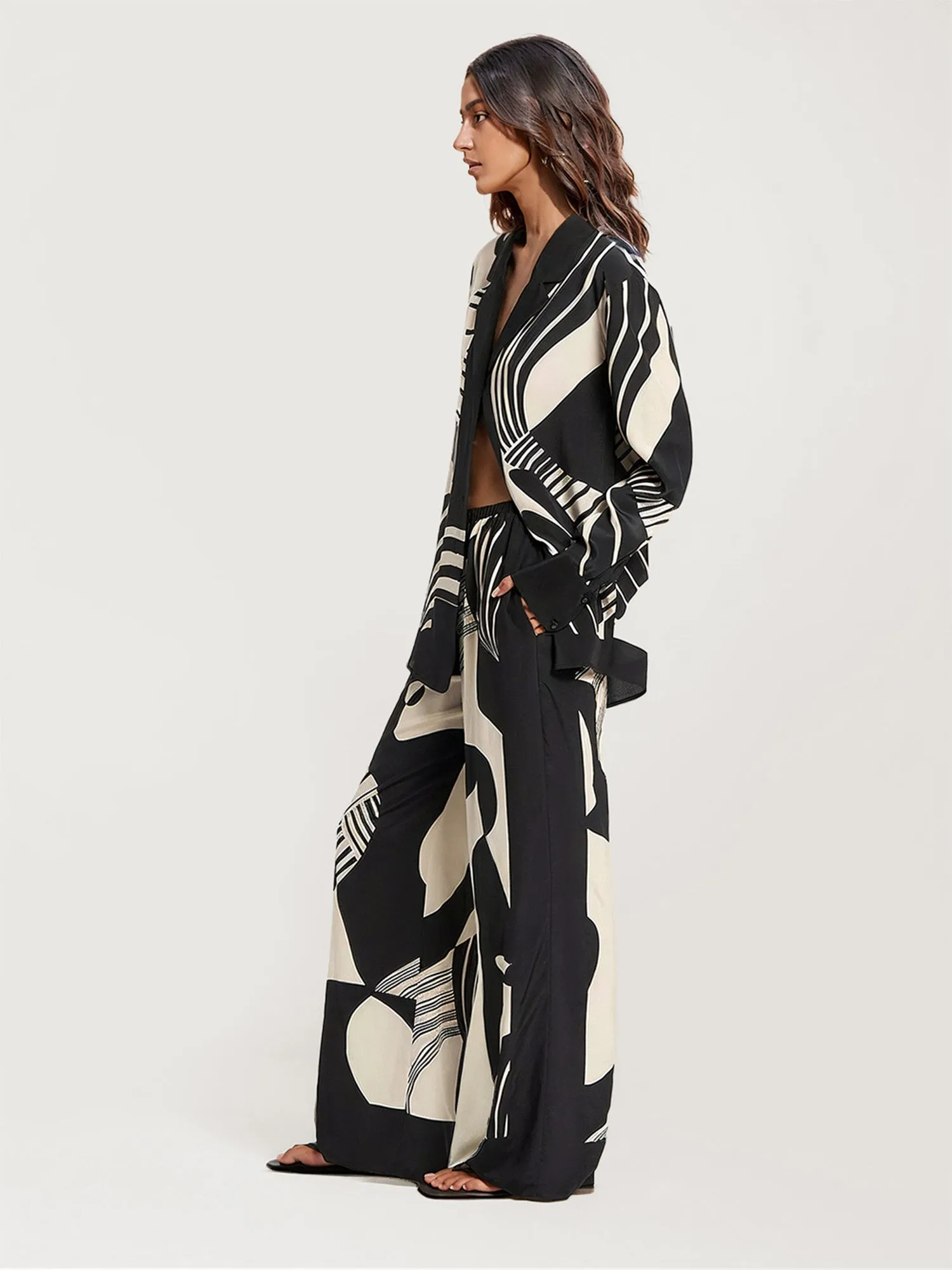 Abstract Black and White Print Button-Up Shirt