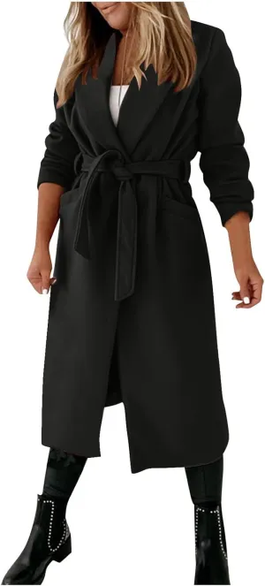 Akklian Women's Dress Coat Turndown Collar Belted Peacoat Trench Coats Trendy Wool Blend Jacket Overcoat Fall Winter 2024