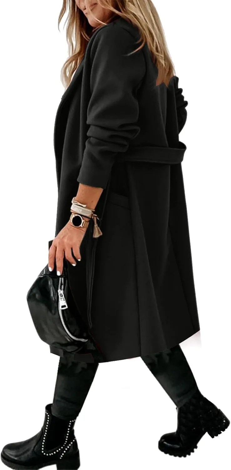 Akklian Women's Dress Coat Turndown Collar Belted Peacoat Trench Coats Trendy Wool Blend Jacket Overcoat Fall Winter 2024