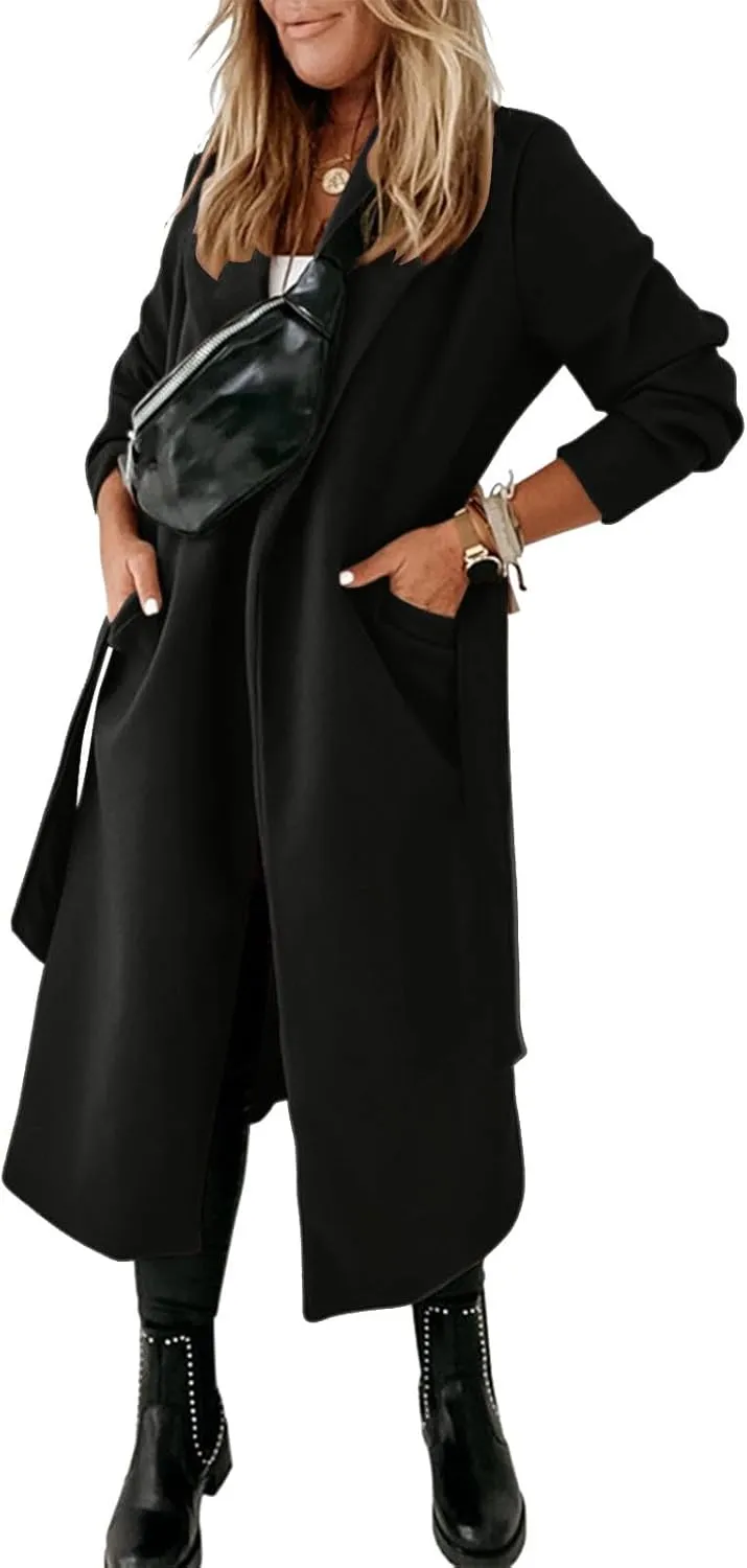 Akklian Women's Dress Coat Turndown Collar Belted Peacoat Trench Coats Trendy Wool Blend Jacket Overcoat Fall Winter 2024