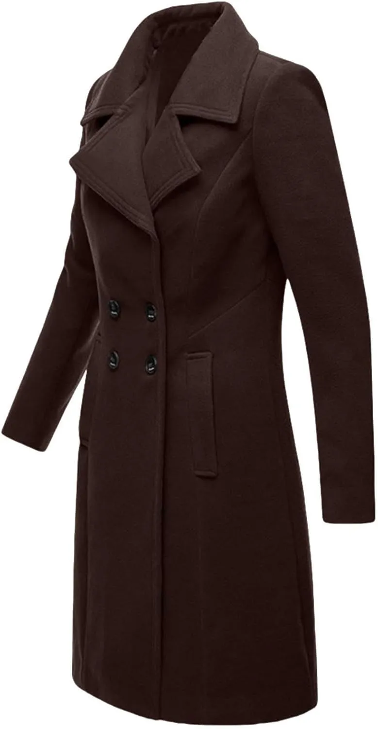 Akklian Women's Dress Coat Turndown Collar Belted Peacoat Trench Coats Trendy Wool Blend Jacket Overcoat Fall Winter 2024