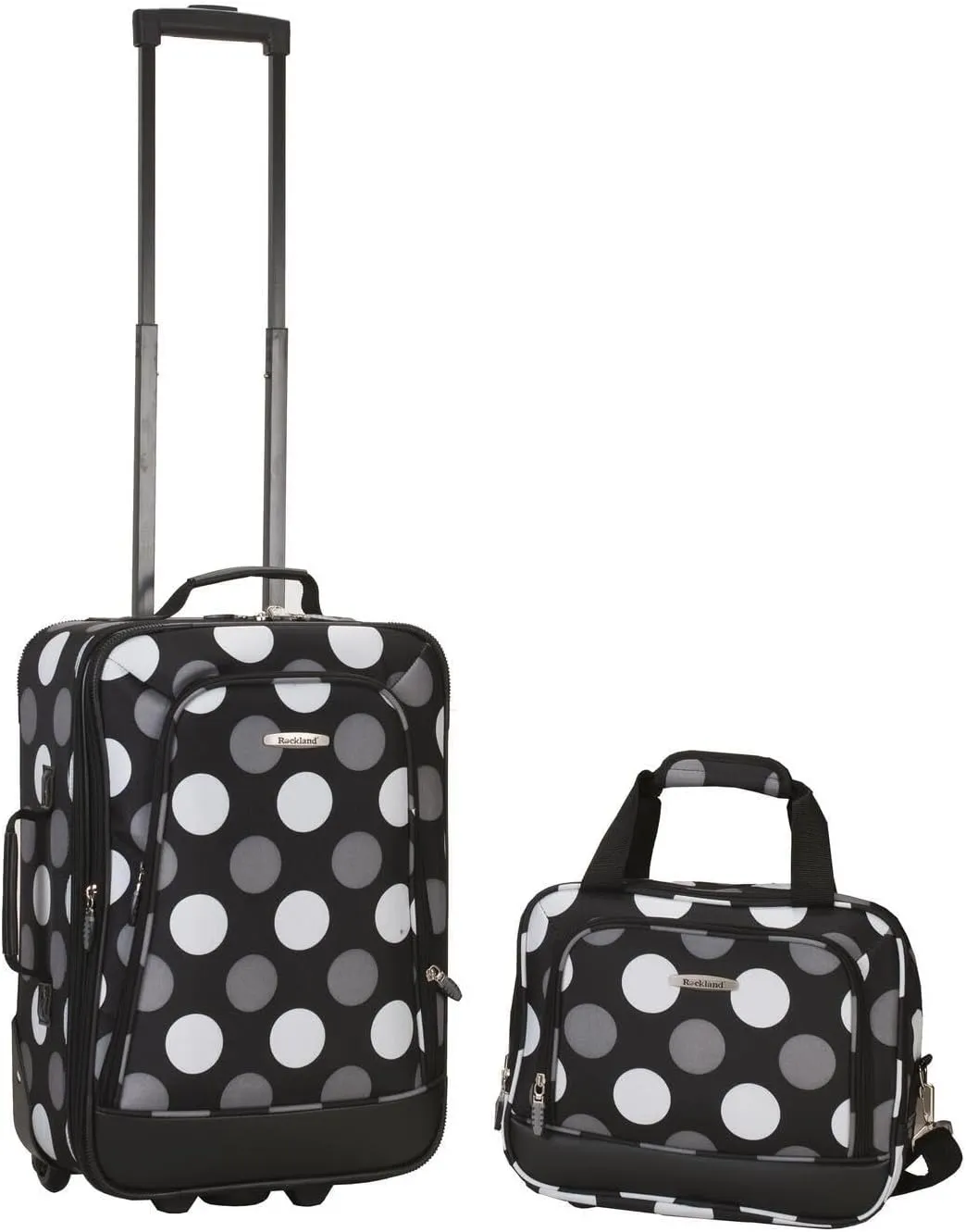 Bohemian Bliss Carry On Luggage Set - 19" Upright & 12" Tote, New Black Dot, Expandable, Smooth Skate Wheels, Ergonomic Handles, Stylish and Functional