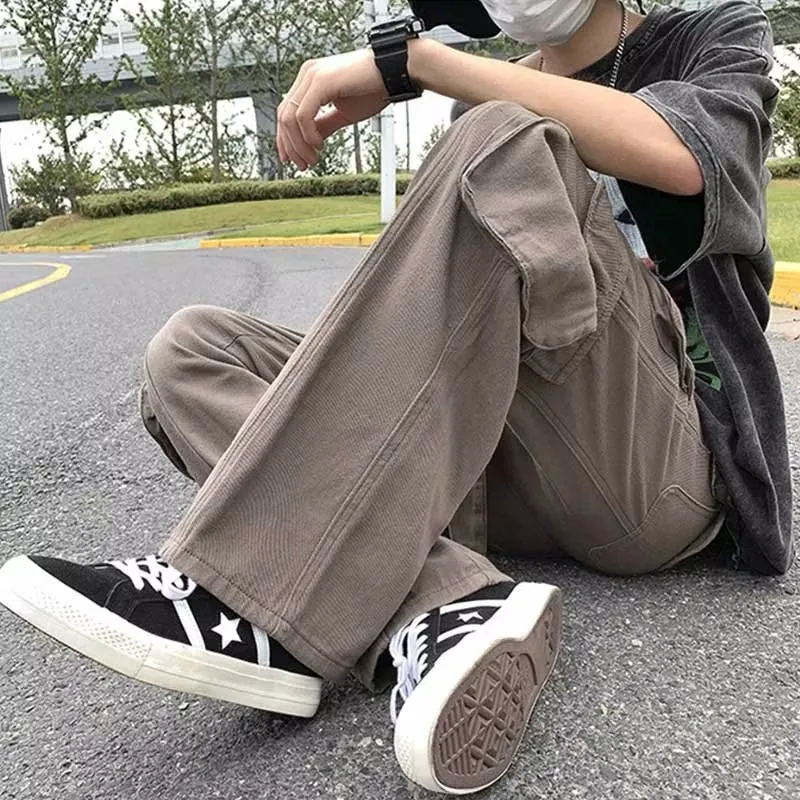 Bonsir boy outfits Trendy Casual Pants Pants Youth Popular Men's Solid Color Fashion Straight Spring Loose Overalls Mid Waist