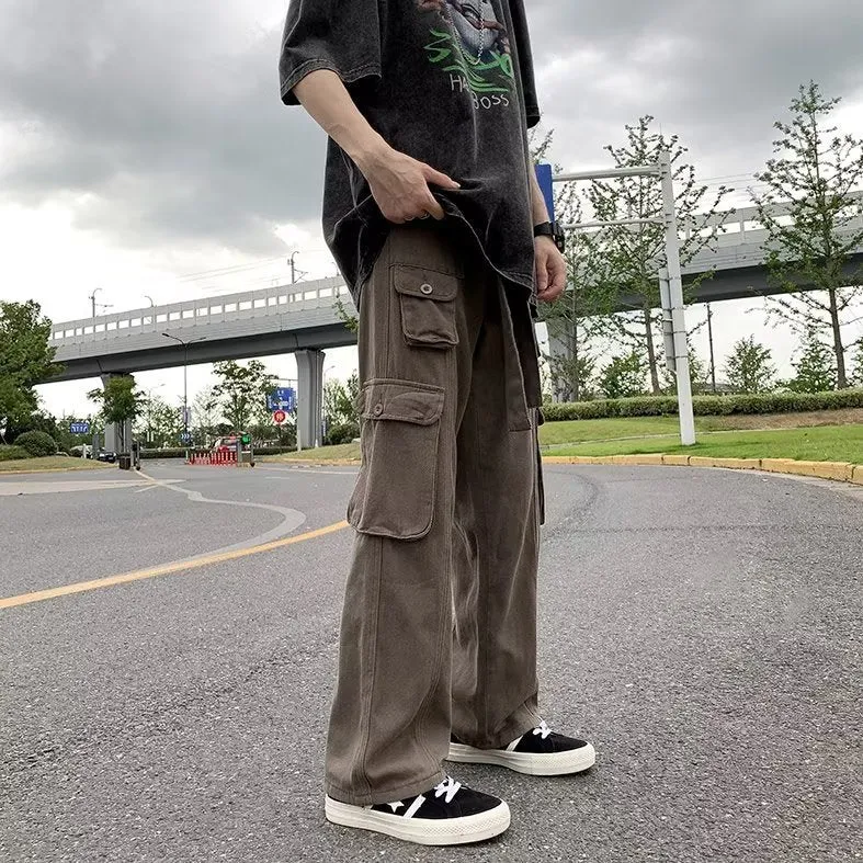 Bonsir boy outfits Trendy Casual Pants Pants Youth Popular Men's Solid Color Fashion Straight Spring Loose Overalls Mid Waist