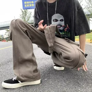 Bonsir boy outfits Trendy Casual Pants Pants Youth Popular Men's Solid Color Fashion Straight Spring Loose Overalls Mid Waist
