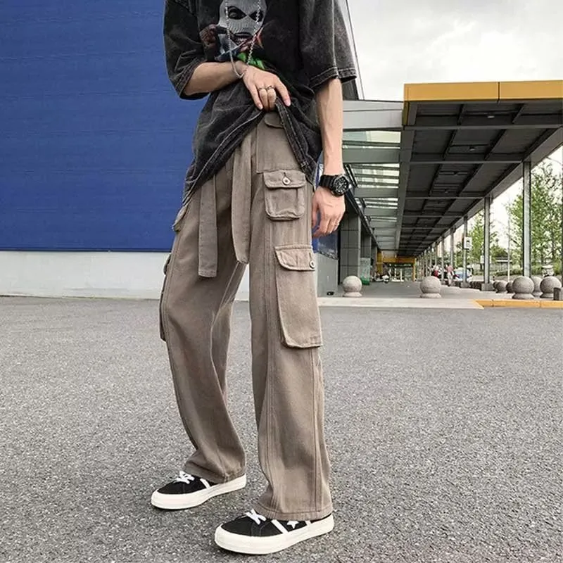 Bonsir boy outfits Trendy Casual Pants Pants Youth Popular Men's Solid Color Fashion Straight Spring Loose Overalls Mid Waist