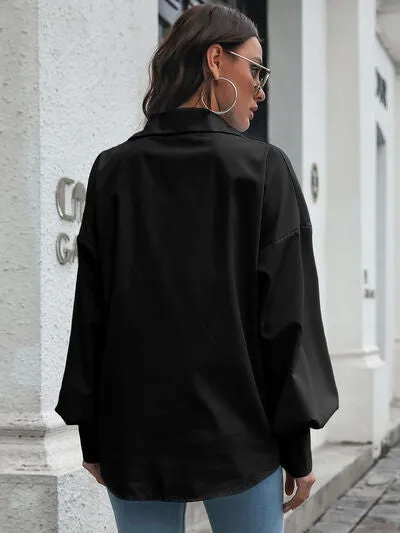 Button Up Dropped Shoulder Lantern Sleeve Shirt- 3 Color Options