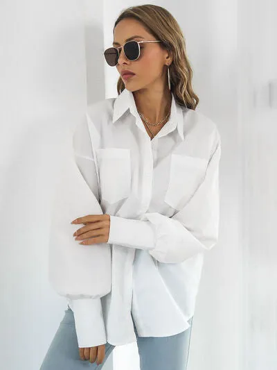 Button Up Dropped Shoulder Lantern Sleeve Shirt- 3 Color Options