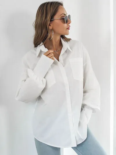 Button Up Dropped Shoulder Lantern Sleeve Shirt- 3 Color Options