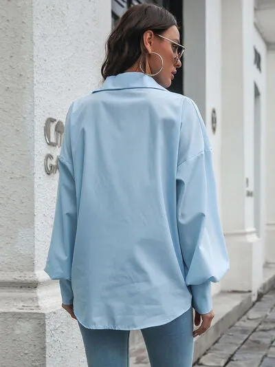 Button Up Dropped Shoulder Lantern Sleeve Shirt- 3 Color Options