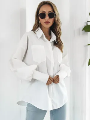 Button Up Dropped Shoulder Lantern Sleeve Shirt- 3 Color Options