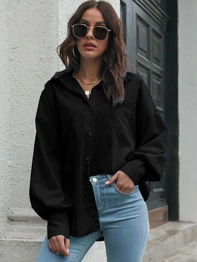 Button Up Dropped Shoulder Lantern Sleeve Shirt- 3 Color Options
