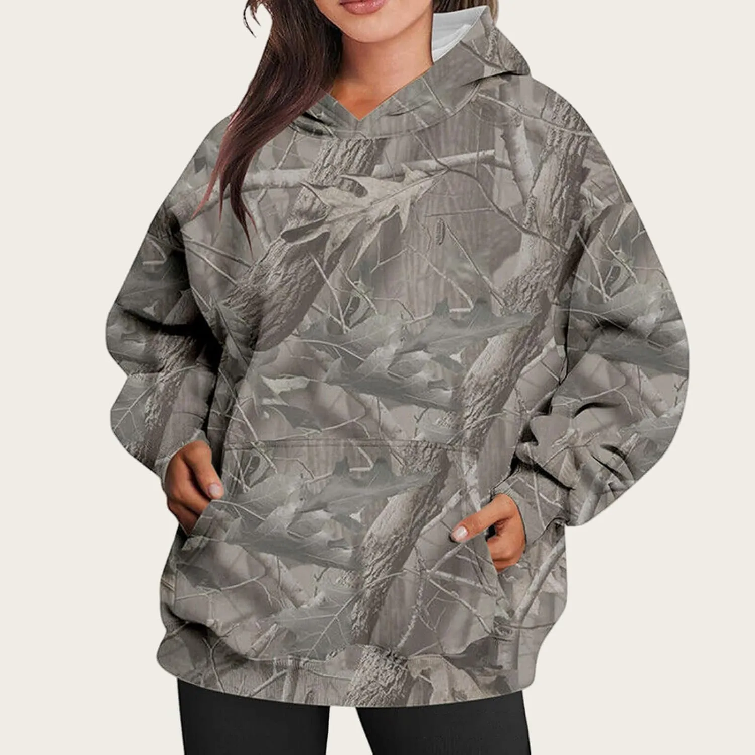 Camo Hoodie for Women Oversized Maple-Leaf Print Hooded Sweatshirt Lightweight Crew Neck Long Sleeve Pullover Tops