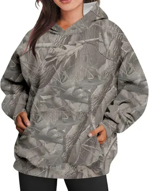 Camo Hoodie for Women Oversized Maple-Leaf Print Hooded Sweatshirt Lightweight Crew Neck Long Sleeve Pullover Tops