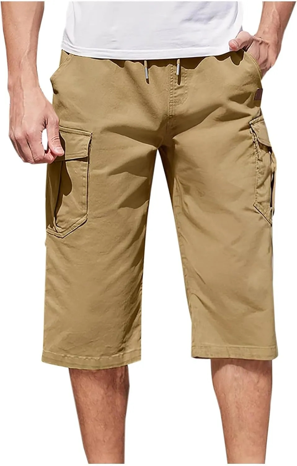 Cargo Pants for Men Joggers Slim Fit Drawstring Pockets Workout Cropped Pants Plain Distressed Fishing Work Pants