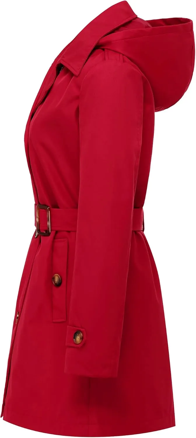 Chrisuno Women's Double Breasted Trench Coats Mid-Length Belted Overcoat Long Dress Jacket with Detachable Hood