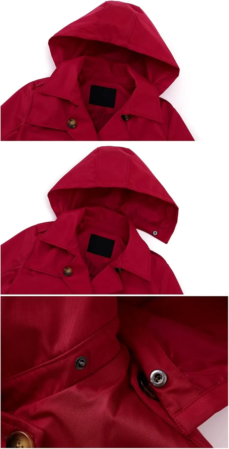 Chrisuno Women's Double Breasted Trench Coats Mid-Length Belted Overcoat Long Dress Jacket with Detachable Hood