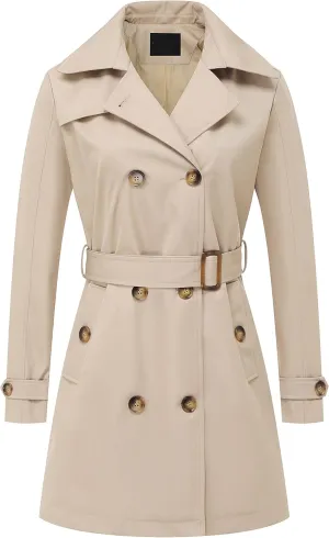 Chrisuno Women's Double Breasted Trench Coats Mid-Length Belted Overcoat Long Dress Jacket with Detachable Hood