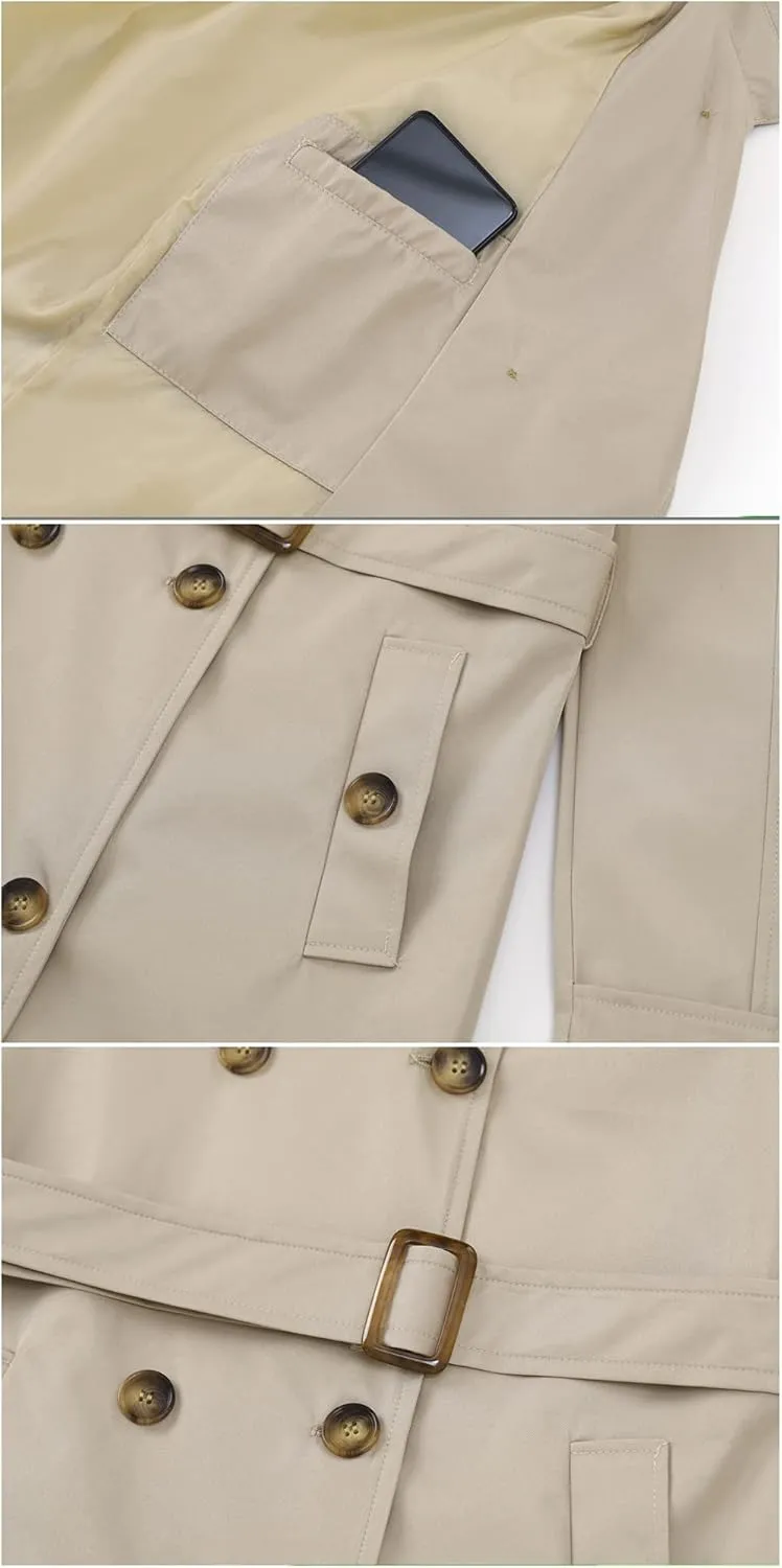 Chrisuno Women's Double Breasted Trench Coats Mid-Length Belted Overcoat Long Dress Jacket with Detachable Hood