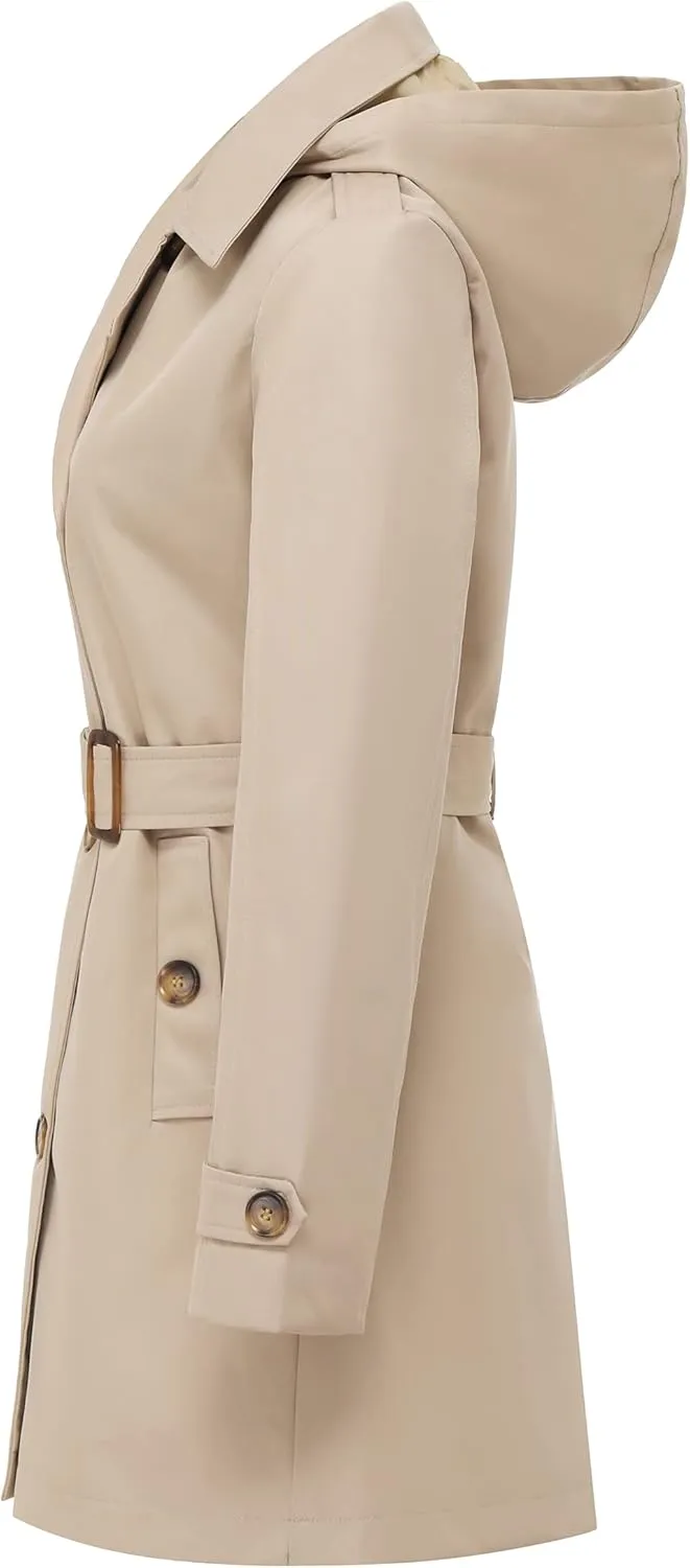 Chrisuno Women's Double Breasted Trench Coats Mid-Length Belted Overcoat Long Dress Jacket with Detachable Hood