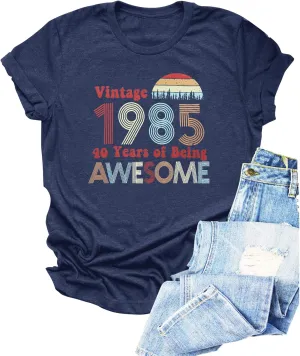 Chulianyouhuo 40th Birthday Gift Women Vintage 1985 T Shirt Letter Print Birthday Party Tops Casual Short Sleeve Tees