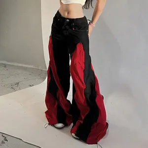 Contrast Color Stitching Low Waist Casual Wide Leg Overalls