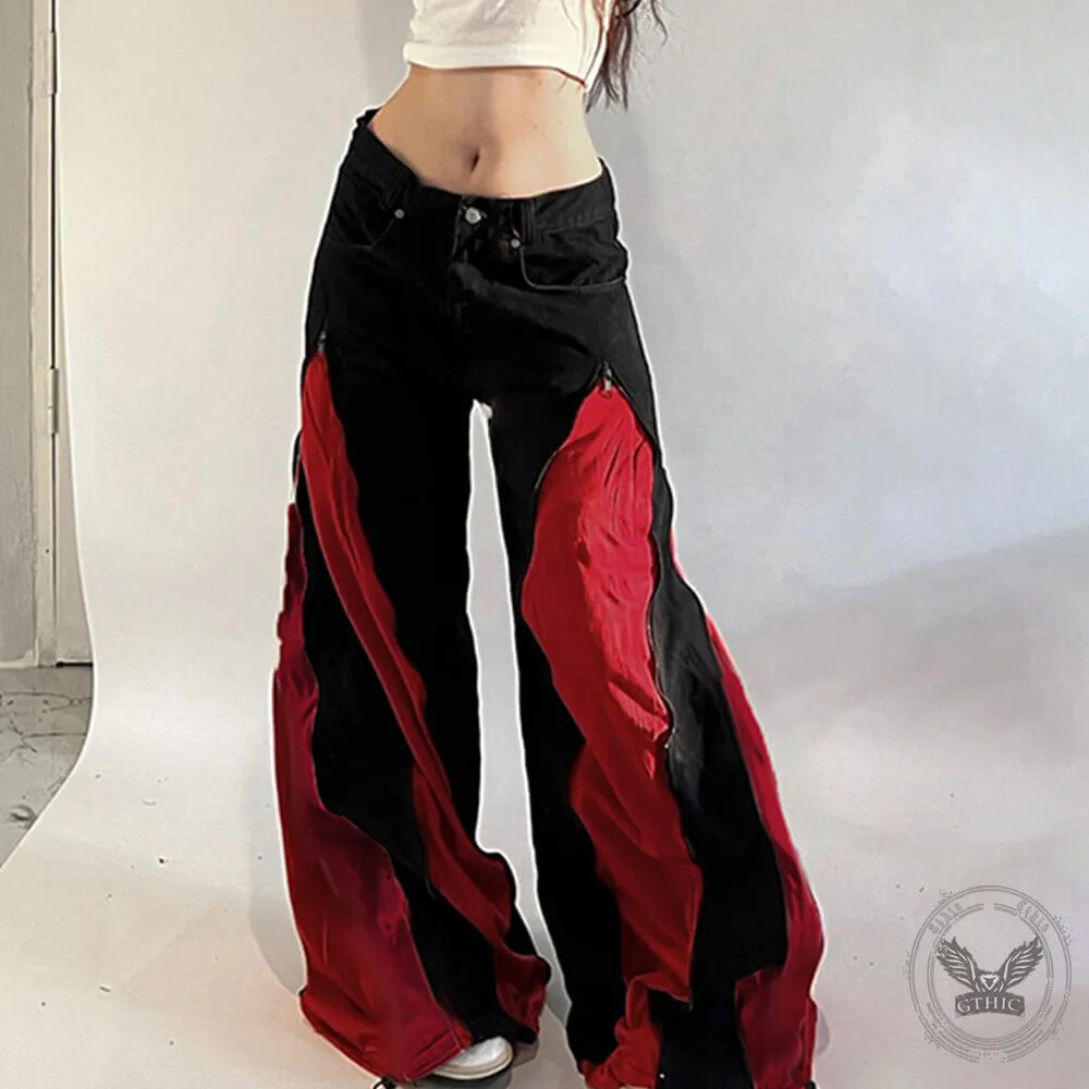 Contrast Color Stitching Low Waist Casual Wide Leg Overalls