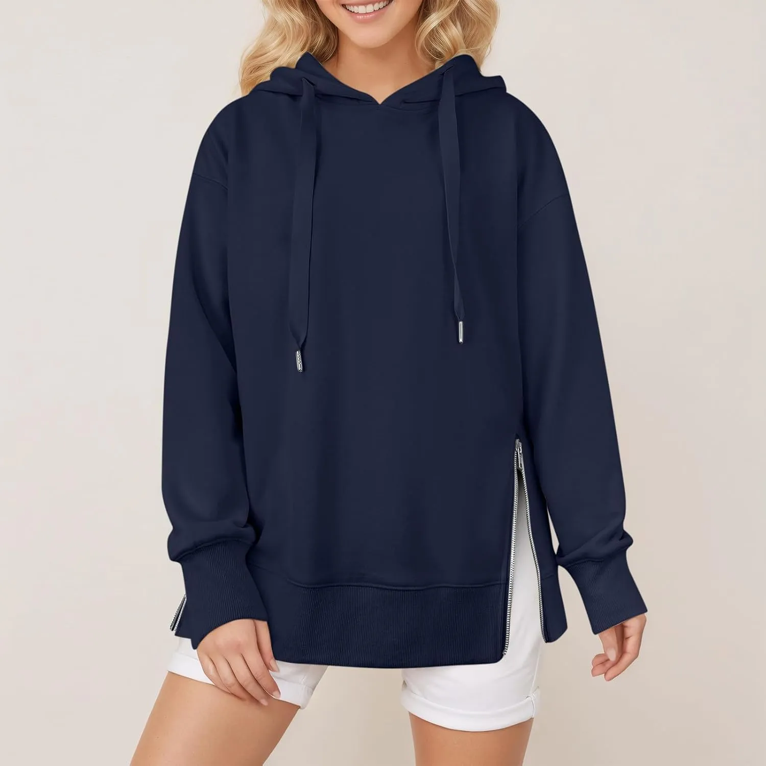 COTECRAM Women Oversized Hoodies Side Zipper Casual Sweatshirts Lightweight Tunic Pullover 2024 Fall Long Sleeve Shirts
