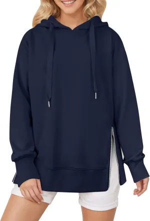 COTECRAM Women Oversized Hoodies Side Zipper Casual Sweatshirts Lightweight Tunic Pullover 2024 Fall Long Sleeve Shirts
