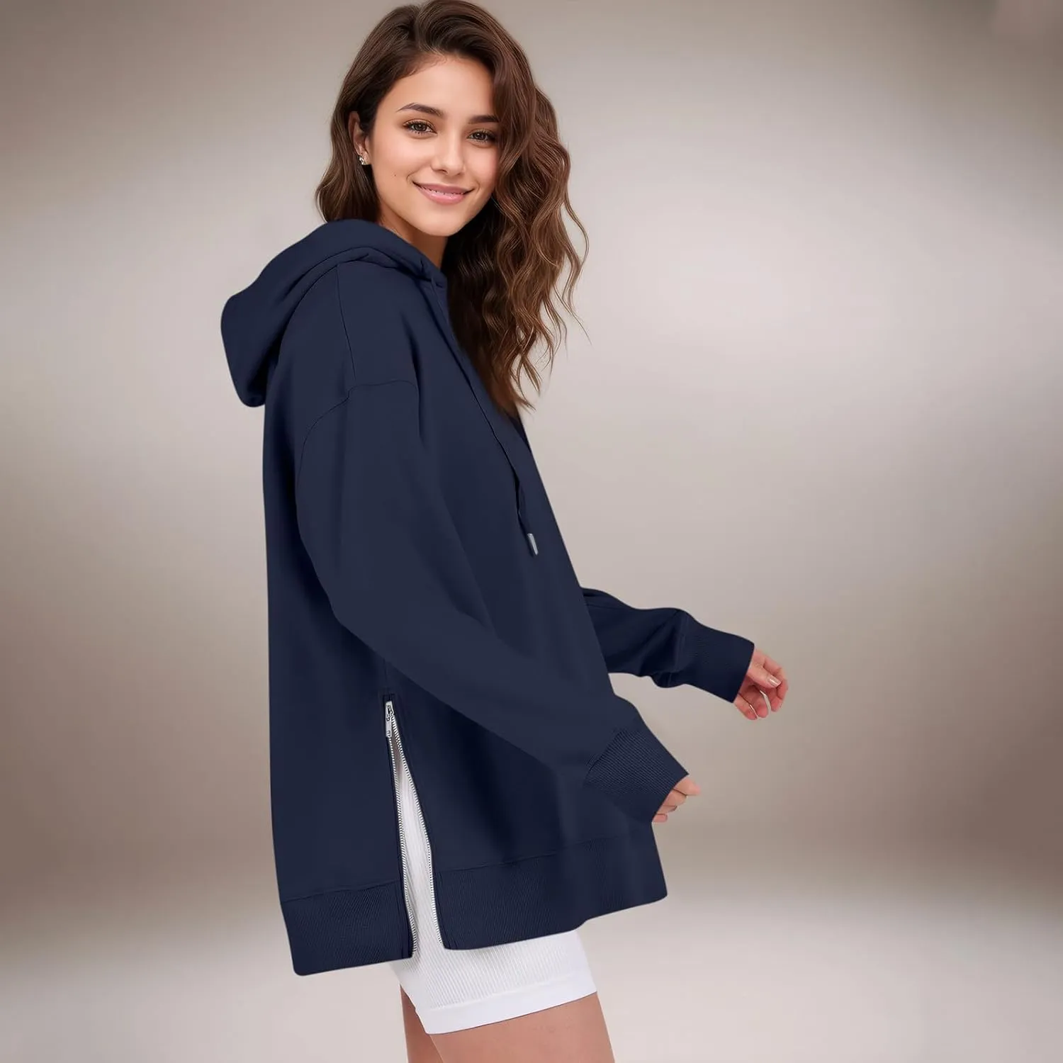 COTECRAM Women Oversized Hoodies Side Zipper Casual Sweatshirts Lightweight Tunic Pullover 2024 Fall Long Sleeve Shirts