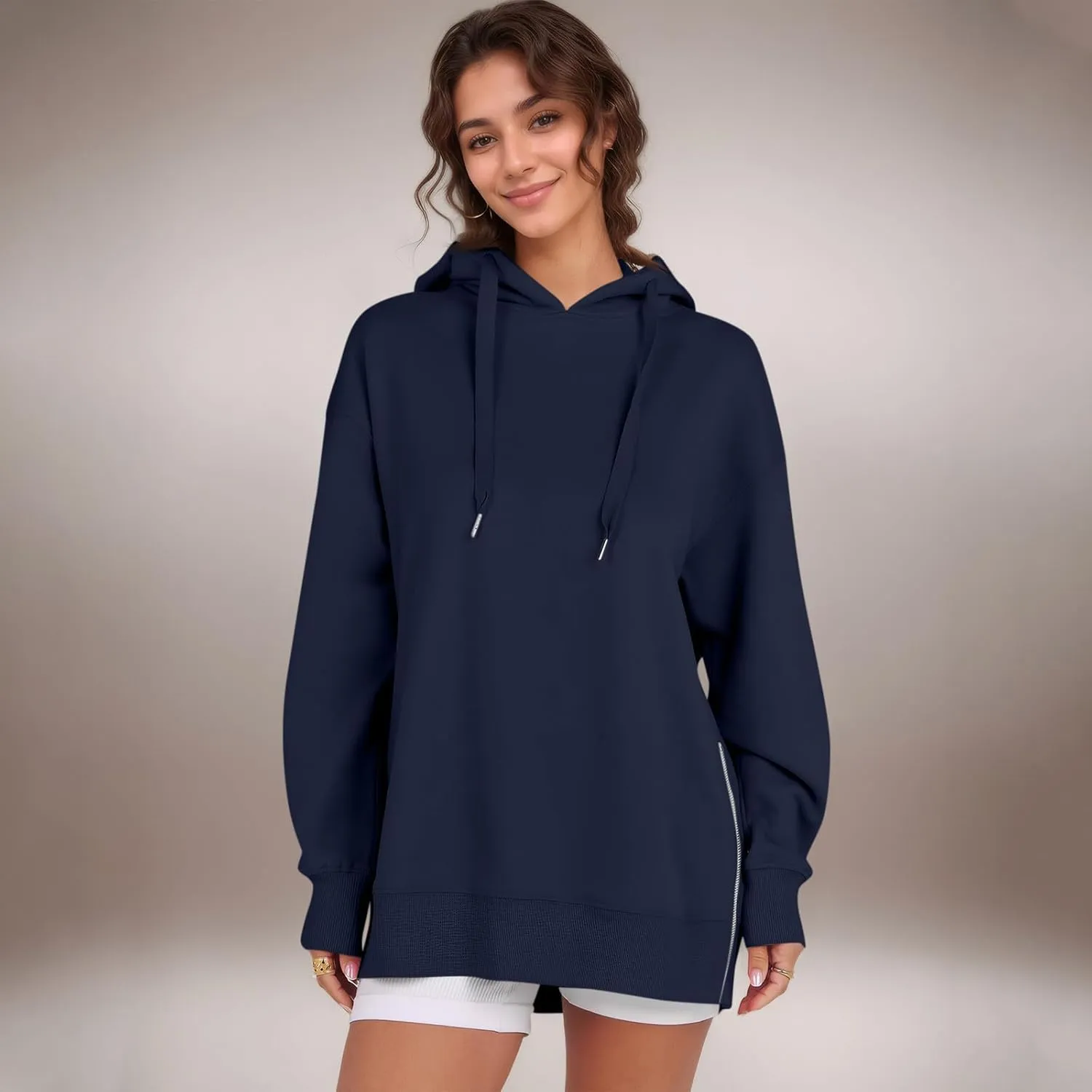 COTECRAM Women Oversized Hoodies Side Zipper Casual Sweatshirts Lightweight Tunic Pullover 2024 Fall Long Sleeve Shirts