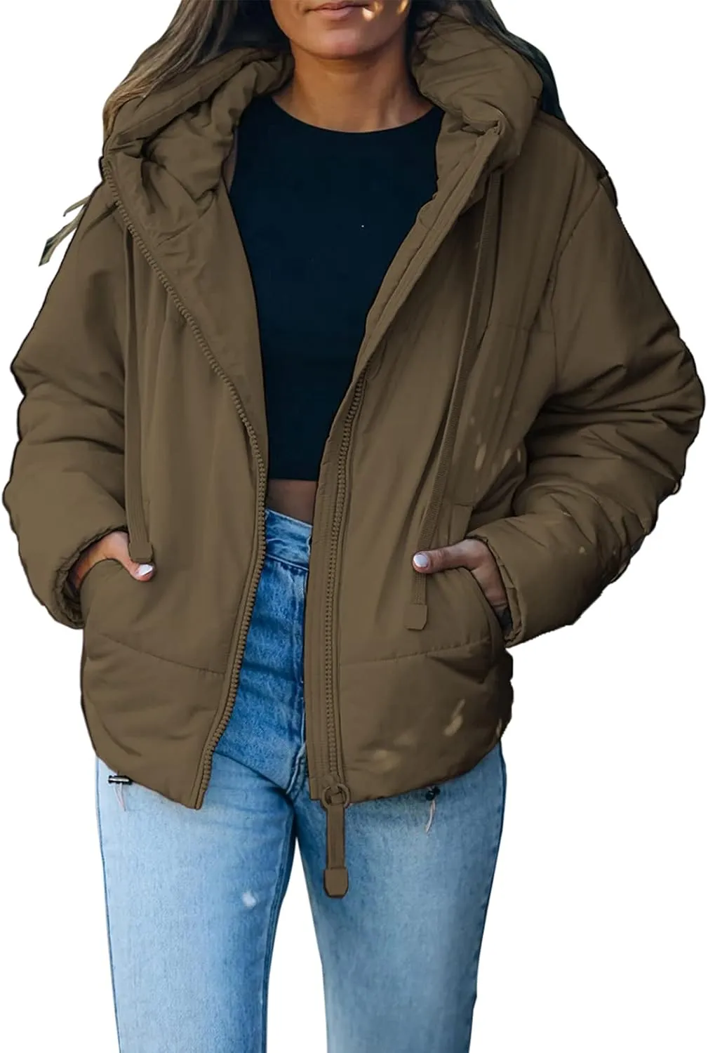 Dokotoo Womens 2024 Winter Full Zipper Hooded Puffer Jacket Short Coat with Pockets