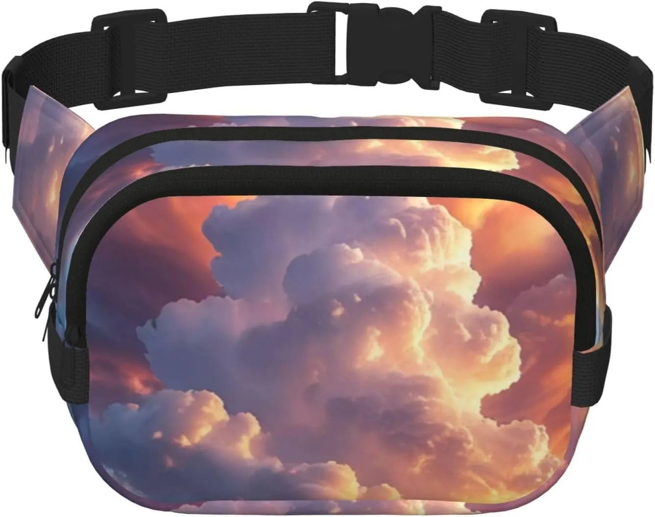 Double Layer Waist Bag for Men & Women,Adjustable Waterproof Running Belt,Multi-Functional Fanny Pack with Beautiful Clouds Print for Travel,Hiking,Fitness