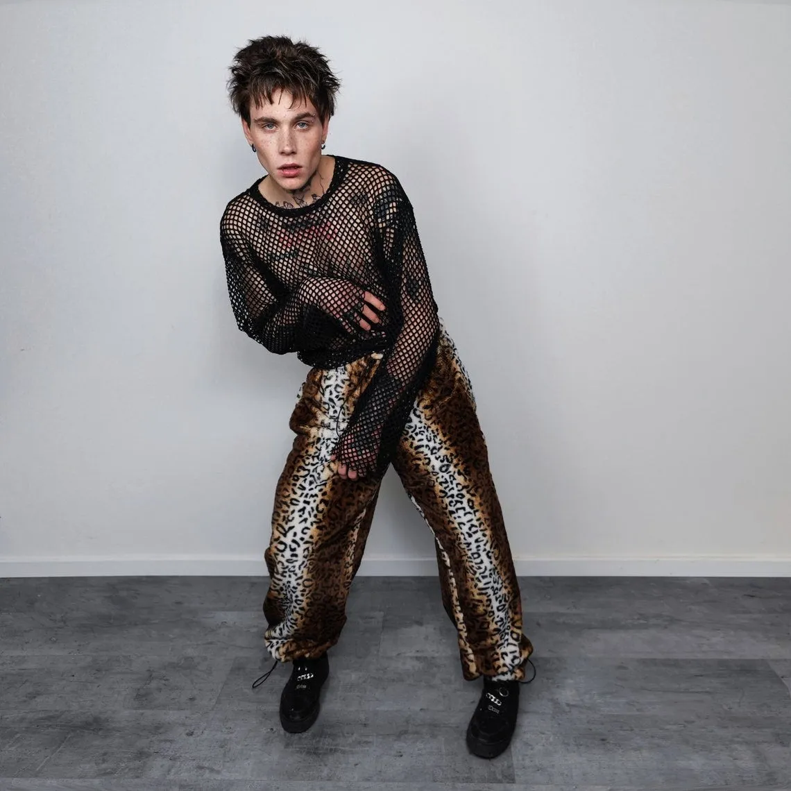 Faux fur leopard joggers animal print pants handmade cheetah fleece raver trousers premium party overalls in brown and white