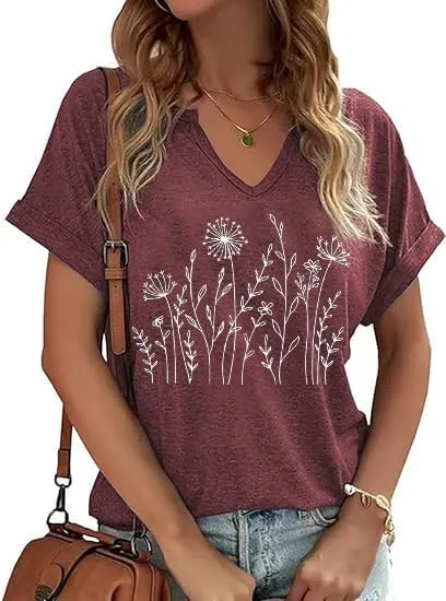 Floral Shirts for Women Wildflowers Dandelion V Neck Cottagecore Graphic Tops Casual Graphic Summer Boho Tees