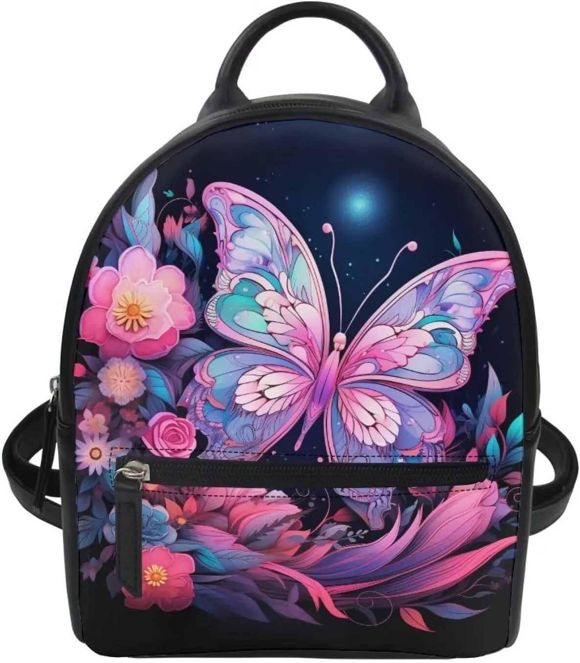 Flower Leather Backpack Purse for Women Beautiful Butterfly Backpack Handbag Multi-functional Elegant Daypack Soft Leather Shoulder Bag for Office, Shopping, Trip, Walking