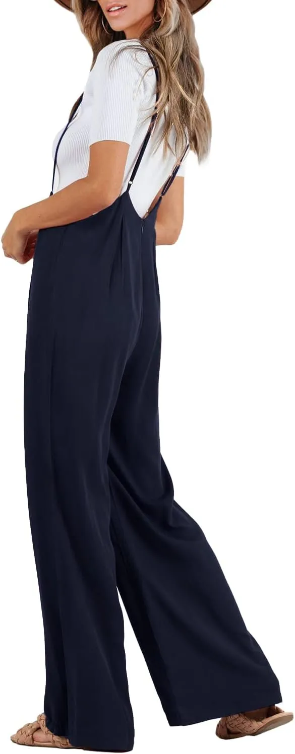 FSHAOES Womens Suspender Overalls High Waist Loose Sleeveless Wide Leg Jumpsuit Spaghetti Strap Baggy Long Romper