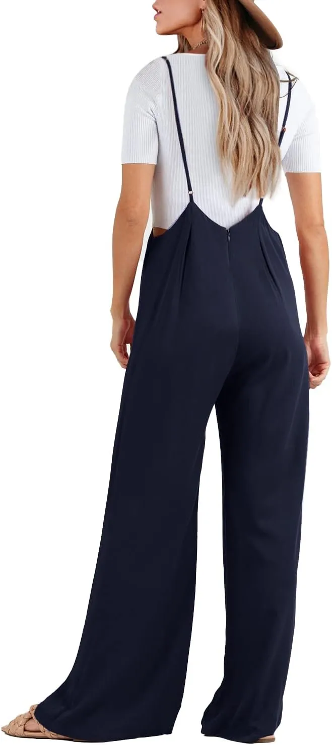 FSHAOES Womens Suspender Overalls High Waist Loose Sleeveless Wide Leg Jumpsuit Spaghetti Strap Baggy Long Romper