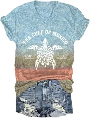 Gulf of Mexico T-Shirt Women Est 1550 Retro Vintage Short Sleeve Graphic Mexico Shirts for Women Retro Beach