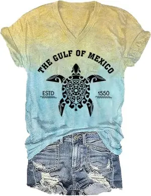 Gulf of Mexico T-Shirt Women Est 1550 Retro Vintage Short Sleeve Graphic Mexico Shirts for Women Retro Beach