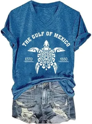 Gulf of Mexico T-Shirt Women Est 1550 Retro Vintage Short Sleeve Graphic Mexico Shirts for Women Retro Beach