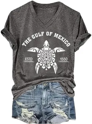 Gulf of Mexico T-Shirt Women Est 1550 Retro Vintage Short Sleeve Graphic Mexico Shirts for Women Retro Beach