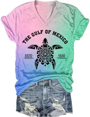 Gulf of Mexico T-Shirt Women Est 1550 Retro Vintage Short Sleeve Graphic Mexico Shirts for Women Retro Beach