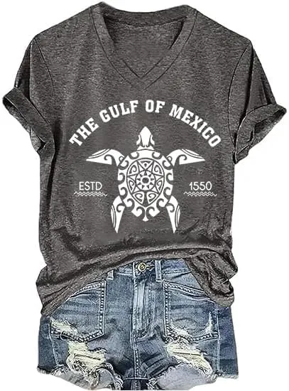 Gulf of Mexico T-Shirt Women Est 1550 Retro Vintage Short Sleeve Graphic Mexico Shirts for Women Retro Beach